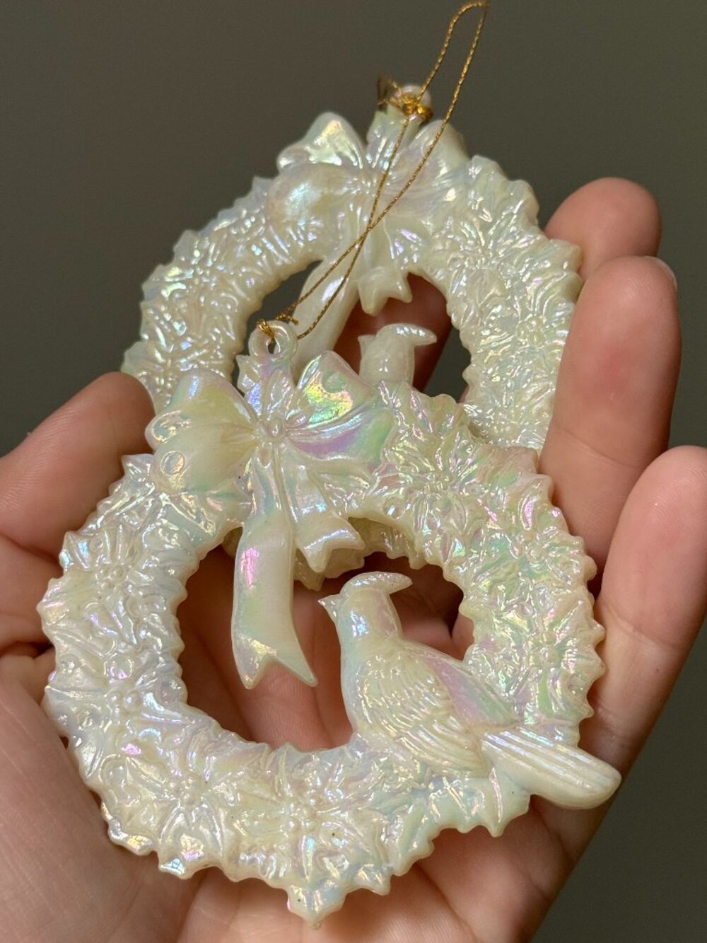 Set of 2 Plastic White Opalescent 3" Christmas Tree Cardinal Wreath Ornaments